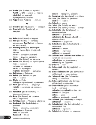 172 hundertzweiundsiebzig
der Punkt (die Punkte) — крапка:
Punkt … Uhr — рівно … година
pünktlich — вчасний,
пунктуальний; вчасно
die Puppe (die Puppen) — лялька
Q
das Quadrat (die Quadrate) — квадрат
das Quartett (die Quartette) —
квартет
R
der Rabe (die Raben) — ворон
das Rad (die Räder) — колесо;
велосипед: Rad fahren — їздити
на велосипеді
der Radiergummi (die Radiergum-
mis) — гумка (для стирання),
ластик
rasch — швидкий; швидко
raten — радити; відгадати
das Rätsel (die Rätsel) — загадка
der Raum (die Räume) — приміщення
raus — назовні
rechnen — рахувати
rechts — праворуч
regnen: es regnet — іде дощ
der Reichstag — Рейхстаг
die Reihe (die Reihen) — ряд
rein — чистий
der Rhein — Рейн
richtig — правильний; правильно
der Rock (die Röcke) — спідниця
rodeln — кататися на санках з
гори
der Rollschuh (die Rollschuhe) —
роликовий ковзан
die Rose (die Rosen) — троянда
rot — червоний
das Rotkäppchen — Червона Шапочка
der Rucksack (die Rucksäcke) —
рюкзак
rufen — кликати, викликати
Rumänien — Румунія
rund — круглий
Russland — Росія
S
sagen — говорити, сказати
der Samstag (die Samstage) — субота
der Satz (die Sätze) — речення
sauber — чистий
das Schach — шахи
das Schaf (die Schafe) — вівця
der Schal (die Schale/Schals) — шарф
das Schaltjahr (die Schaltjahre) —
високосний рік
schauen — дивитися
scheinen: die Sonne scheint —
сонце світить
schenken — дарувати
die Schildkröte (die Schildkröten) —
черепаха
schlafen — спати
schlank — стрункий
schlecht — поганий
der Schlittschuh: Schlittschuh laufen —
кататися на ковзанах
schmücken — прикрашати
schmutzig — брудний
der Schnee — сніг
der Schneeball (die Schneebälle) —
сніжка
die Schneeballschlacht (die Schneeball-
schlachten) — гра в сніжки
die Schneeflocke (die Schneeflo-
cken) — сніжинка
das Schneeglöckchen (die Schnee-
glöckchen) — пролісок
der Schneemann (die Schneemän-
ner) — сніговик
schneien: es schneit — іде сніг
schnell — швидко
schon — уже
schön — красивий, гарний
der Schrank (die Schränke) — шафа
schreiben — писати
der Schreibtisch (die Schreibtische) —
письмовий стіл
schreien — кричати
der Schuh (die Schuhe) — черевик
 