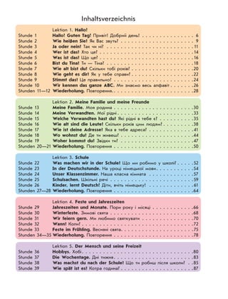 Inhaltsverzeichnis
Lektion 1. Hallo!
Stunde 1 Hallo! Guten Tag! Привіт! Добрий день! . . . . . . . . . . . . . . . 6
Stunde 2 Wie heißen Sie? Як Вас звуть? . . . . . . . . . . . . . . . . . . . . . 9
Stunde 3 Ja oder nein? Так чи ні? . . . . . . . . . . . . . . . . . . . . . . . . .11
Stunde 4 Wer ist das? Хто це? . . . . . . . . . . . . . . . . . . . . . . . . . . .14
Stunde 5 Was ist das? Що це? . . . . . . . . . . . . . . . . . . . . . . . . . . .16
Stunde 6 Bist du Tina? Ти — Тіна? . . . . . . . . . . . . . . . . . . . . . . . . .18
Stunde 7 Wie alt bist du? Скільки тобі років? . . . . . . . . . . . . . . . . . .20
Stunde 8 Wie geht es dir? Як у тебе справи? . . . . . . . . . . . . . . . . . .22
Stunde 9 Stimmt das? Це правильно? . . . . . . . . . . . . . . . . . . . . . . .24
Stunde 10 Wir kennen das ganze ABC. Ми знаємо весь алфавіт . . . . . . .26
Stunden 11—12 Wiederholung. Повторення.. . . . . . . . . . . . . . . . . . . . . . .28
Lektion 2. Meine Familie und meine Freunde
Stunde 13 Meine Familie. Моя родина . . . . . . . . . . . . . . . . . . . . . . .30
Stunde 14 Meine Verwandten. Мої рідні . . . . . . . . . . . . . . . . . . . . . .33
Stunde 15 Welche Verwandten hast du? Які рідні в тебе є? . . . . . . . . . .35
Stunde 16 Wie alt sind die Leute? Скільки років цим людям? . . . . . . . . .38
Stunde 17 Wie ist deine Adresse? Яка в тебе адреса? . . . . . . . . . . . . .41
Stunde 18 Wo wohnst du? Де ти живеш? . . . . . . . . . . . . . . . . . . . . .44
Stunde 19 Woher kommst du? Звідки ти? . . . . . . . . . . . . . . . . . . . . .47
Stunden 20—21 Wiederholung. Повторення . . . . . . . . . . . . . . . . . . . . . . .50
Lektion 3. Schule
Stunde 22 Was machen wir in der Schule? Що ми робимо у школі? . . . . .52
Stunde 23 In der Deutschstunde. На уроці німецької мови. . . . . . . . . . .54
Stunde 24 Unser Klassenzimmer. Наша класна кімната . . . . . . . . . . . . .57
Stunde 25 Schulsachen. Шкільні речі . . . . . . . . . . . . . . . . . . . . . . . .59
Stunde 26 Kinder, lernt Deutsch! Діти, вчіть німецьку! . . . . . . . . . . . . .61
Stunden 27—28 Wiederholung. Повторення . . . . . . . . . . . . . . . . . . . . . . .64
Lektion 4. Feste und Jahreszeiten
Stunde 29 Jahreszeiten und Monate. Пори року і місяці . . . . . . . . . . . .66
Stunde 30 Winterfeste. Зимові свята . . . . . . . . . . . . . . . . . . . . . . . .68
Stunde 31 Wir feiern gern. Ми любимо святкувати . . . . . . . . . . . . . . .70
Stunde 32 Wann? Коли? . . . . . . . . . . . . . . . . . . . . . . . . . . . . . . . .72
Stunde 33 Feste im Frühling. Весняні свята. . . . . . . . . . . . . . . . . . . . .75
Stunden 34—35 Wiederholung. Повторення . . . . . . . . . . . . . . . . . . . . . . .78
Lektion 5. Der Mensch und seine Freizeit
Stunde 36 Hobbys. Хобі. . . . . . . . . . . . . . . . . . . . . . . . . . . . . . . .80
Stunde 37 Die Wochentage. Дні тижня. . . . . . . . . . . . . . . . . . . . . . .83
Stunde 38 Was machst du nach der Schule? Що ти робиш після школи? . .85
Stunde 39 Wie spät ist es? Котра година? . . . . . . . . . . . . . . . . . . . . .87
 