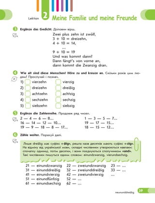 Lektion 2 Meine Familie und meine Freunde
39neununddreißig
Ergänze das Gedicht. Доповни вірш.
Zwei plus zehn ist zwölf,
3 + 10 = dreizehn,
4 + 10 = 14,
...
9 + 10 = 19
Und was kommt dann?
Dann fängt’s von vorne an,
dann kommt die Zwanzig dran.
Wie alt sind diese Menschen? Höre zu und kreuze an. Скільки років цим лю-
дям? Прослухай і познач.
1) vierzehn vierzig
2) dreizehn dreißig
3) achtzehn achtzig
4) sechzehn sechzig
5) siebzehn siebzig
Ergänze die Zahlenreihe. Продовж ряд чисел.
2 — 4 — 6 — 8... 1 — 3 — 5 — 7...
16 — 14 — 12 — 10... 19 — 17 — 15...
19 — 9 — 18 — 8 — 17... 18 — 15 — 12...
Zähle weiter. Порахуй далі.
Лише dreißig має суфікс «-ßig», решта назв десятків мають суфікс «-zig».
На відміну від української мови, складні числівники утворюються навпаки:
спочатку одиниці, потім десятки, і вони поєднуються сполучником «und».
Такі числівники пишуться одним словом: einundzwanzig, vierundsechzig.
21 — einundzwanzig 22 — zweiundzwanzig 23 — ...
31 — einunddreißig 32 — zweiunddreißig 33 — ...
41 — einundvierzig 42 — zweiundvierzig ...
51 — einundfünfzig 52 — ...
61 — einundsechzig 62 — ...
 