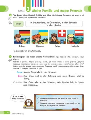 Lektion 2 Meine Familie und meine Freunde
46 sechsundvierzig
Wo leben diese Kinder? Erzähle und höre die Lösung. Розкажи, де живуть ці
діти. Прослухай правильну відповідь.
leben
in Deutschland, in Österreich, in der Schweiz,
in der Ukraine
Tobias Oksana Peter Isabella
Tobias lebt in Deutschland.
Lawinenspiel «Da leben unsere Verwandten». Гра-лавина «Там живуть наші
рідні».
Грайте в групах. Один гравець каже, де живе хтось із його рідних. Другий
гравець повторює речення, але вже із займенником «sein/seine» або «ihr/
ihre», а потім додає своє речення. Гравець, який помиляється або думає біль-
ше ніж 5 секунд, вибуває з гри.
Аnna: Meine Oma lebt in der Schweiz.
Ben: Ihre Oma lebt in der Schweiz und mein Bruder lebt in
Sumy.
Chtistian: Ihre Oma lebt in der Schweiz, sein Bruder lebt in Sumy
und mein/e…
 Можеш розповісти, де живуть твої рідні та
знайомі.
 Можеш запитати товариша та розповісти, де
живуть його рідні та знайомі.
А це ти вже
знаєш i можеш.
 