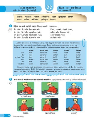 Stunde
52 zweiundfünfzig
2222 Що ми робимо
у школі?
Was machen
wir in der Schule?
spielen rechnen turnen schreiben lesen sprechen sehen
essen laufen zeichnen springen tanzen
 Höre zu und sprich nach. Прослухай і повтори.
In der Schule lernen wir,
in der Schule spielen wir,
in der Schule rechnen wir,
in der Schule turnen wir.
Eins, zwei, drei, vier,
alle, alle lesen wir,
schreiben wir,
malen wir.
Деякі дієслова в теперішньому часі відрізняються від своїх початкових
форм. Це так звані сильні дієслова. Вони змінюють кореневі «-e-» на
«-i(e)-», «-a-» на «-ä-» у поєднанні із займенниками «du» та «er/es/sie».
lesen sprechen sehen essen laufen
ich lese spreche sehe esse laufe
du liest sprichst siehst isst läufst
er/sie/es liest spricht sieht isst läuft
wir lesen sprechen sehen essen laufen
ihr lest sprecht seht esst lauft
sie/Sie lesen sprechen sehen essen laufen
Зверни увагу, що дієслова, основа яких закінчується на «s, ß, z», мають
однакові форми у 2-й і 3-й особах однини, а саме отримують закінчення «-t»,
напр.: du liest, er/sie/es liest; du tanzt, er/sie/es tanzt.
Was macht Michael in der Schule? Erzähle. Що робить Міхаель у школі? Розкажи.
schreiben zeichnen turnen
lesen sprechen essen
 