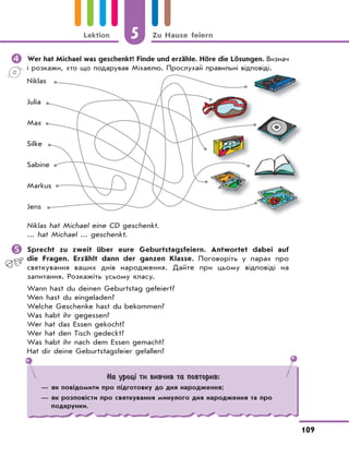 5 Zu Hause feiern
109
Lektion
	Wer hat Michael was geschenkt? Finde und erzähle. Höre die Lösungen. Визнач
і розкажи, хто що подарував Міхаелю. Прослухай правильні відповіді.
Niklas
Julia
Max
Silke
Sabine
Markus
Jens
Niklas hat Michael eine CD geschenkt.
... hat Michael ... geschenkt.
	Sprecht zu zweit über eure Geburtstagsfeiern. Antwortet dabei auf
die Fragen. Erzählt dann der ganzen Klasse. Поговоріть у парах про
святкування ваших днів народження. Дайте при цьому відповіді на
запитання. Розкажіть усьому класу.
Wann hast du deinen Geburtstag gefeiert?
Wen hast du eingeladen?
Welche Geschenke hast du bekommen?
Was habt ihr gegessen?
Wer hat das Essen gekocht?
Wer hat den Tisch gedeckt?
Was habt ihr nach dem Essen gemacht?
Hat dir deine Geburtstagsfeier gefallen?
На уроці ти вивчив та повторив:
— як повідомити про підготовку до дня народження;
— як розповісти про святкування минулого дня народження та про
подарунки.
 