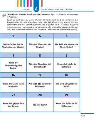 6 Deutschland und die Ukraine
135
Lektion
4 5 6
Welche Farben hat die
Staatsfahne der Ukraine?
Wie viele Meere hat die
Ukraine?
Wie heiЏt die bekannteste
StraЏe Berlins?
9 8 7
Nenne drei
SehenswЋrdigkeiten
Berlins.
Wie viele Einwohner hat
Deutschland?
Nenne drei LЉnder in
Osteuropa.
16 17 18
Nenne drei StЉdte in der
Ostukraine.
Wie heiЏt das ukrainische
Parlament?
Wie viele Einwohner hat
Berlin?
21 20 19
Nenne den grЊЏten Fluss
der Ukraine.
Wo liegt Kyjiw?
Nenne drei StЉdte in der
SЋdukraine.
Würfelspiel «Deutschland und die Ukraine». Гра з кубиком «Німеччина
і Україна».
Spielt zu dritt oder zu viert. Würfelt der Reihe nach und antwortet auf die
Fragen oder löst die Aufgaben. Wer alle Aufgaben richtig macht und am
schnellsten ans Ziel kommt, gewinnt. Гра в групах по 3—4 гравці. Кидайте
кубик по черзі і відповідайте на запитання або виконуйте завдання. Виграє
той, хто правильно виконає всі завдання і найшвидше дістанеться фінішу.
 