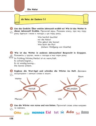 138
die Natur, der Zauberer (-)
	Lies das Gedicht. Über welche Jahreszeit erzählt es? Wie ist das Wetter in
dieser Jahreszeit? Erzähle. Прочитай вірш. Розкажи класу, про яку пору
року йдеться і якою є погода у цю пору року.
Wie herrlich leuchtet
mir die Natur!
Wie glänzt die Sonne!
Wie lacht die Flur!
(Johann Wolfgang von Goethe)
	Wie ist das Wetter in anderen Jahreszeiten? Besprecht in Gruppen.
Розкажіть у групах, якою є погода в інші пори року.
Im Frühling/Winter/Herbst ist es warm/kalt.
Es schneit/regnet...
Es ist windig/sonnig...
Die Sonne scheint.
	Ergänze die Wort-Igel und schreibe die Wörter ins Heft. Доповни
асоціограми і запиши слова в зошит.
NATUR
Wetter
Pflanzen
PFLANZEN
Baum
Lilie
	Lies die Wörter von vorne und von hinten. Прочитай слова зліва направо
та навпаки.
Die Natur
 