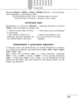 161
Grammatik
Дієслова «liegen», «stehen», «sitzen», «hängen» (висіти) — сильні дієслова,
вони вживаються з іменниками в Dativ:
Das Buch liegt auf dem Tisch.— Книжка лежить на столі.
Das Buch steht im Schrank.— Книжка стоїть у шафі.
СПОЛУЧНИК DENN
Відповідаючи на запитання «Warum?», у відповіді вживаємо сполучник
«denn», який не впливає на порядок слів:
— Warum ist das Wasser im Fluss
so schmutzig?
— Das Wasser im Fluss ist so
schmutzig, denn das Abwasser aus
den Fabriken fließt in den Fluss.
— Чому вода в річці така брудна?
— Вода в річці брудна, тому
що у річку течуть стічні води
з фабрик.
ПРИЙМЕННИКИ З ДАВАЛЬНИМ ВІДМІНКОМ
У німецькій мові є ряд прийменників, які завжди вживаються з додатка-
ми у давальному відмінку. Це прийменники «aus», «bei», «mit», «nach»,
«seit», «von», «zu».
Вони мають такі значення: «aus» — з (про напрямок, матеріал);
«bei» — при, у; «mit» — разом з; «nach» — після, до (про напрямок);
«seit» — з (про час); «von» — від, з; «zu» — до, на. Наприклад: aus der
Schule, bei den Eltern, nach dem Unterricht, seit diesem Monat, von der
Arbeit, zum Unterricht.
 