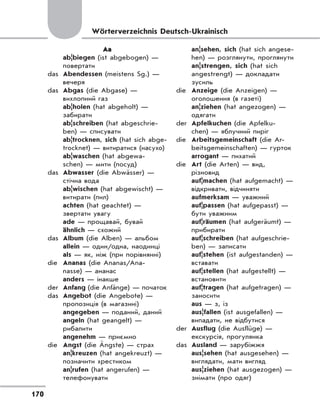 170
Wörterverzeichnis Deutsch-Ukrainisch
Aа
ab|biegen (ist abgebogen) —
повертати
das Abendessen (meistens Sg.) —
вечеря
das Abgas (die Abgase) —
вихлопний газ
ab|holen (hat abgeholt) —
забирати
ab|schreiben (hat abgeschrie-
ben) — списувати
ab|trocknen, sich (hat sich abge-
trocknet) — витиратися (насухо)
ab|waschen (hat abgewa-
schen) — мити (посуд)
das Abwasser (die Abwässer) —
стічна вода
ab|wischen (hat abgewischt) —
витирати (пил)
achten (hat geachtet) —
звертати увагу
ade — прощавай, бувай
ähnlich — схожий
das Album (die Alben) — альбом
allein — один/одна, наодинці
als — як, ніж (при порівнянні)
die Ananas (die Ananas/Ana-
nasse) — ананас
anders — інакше
der Anfang (die Anfänge) — початок
das Angebot (die Angebote) —
пропозиція (в магазині)
angegeben — поданий, даний
angeln (hat geangelt) —
рибалити
angenehm — приємно
die Angst (die Ängste) — страх
an|kreuzen (hat angekreuzt) —
позначити хрестиком
an|rufen (hat angerufen) —
телефонувати
an|sehen, sich (hat sich angese-
hen) — розглянути, проглянути
an|strengen, sich (hat sich
angestrengt) — докладати
зусиль
die Anzeige (die Anzeigen) —
оголошення (в газеті)
an|ziehen (hat angezogen) —
одягати
der Apfelkuchen (die Apfelku-
chen) — яблучний пиріг
die Arbeitsgemeinschaft (die Ar-
beitsgemeinschaften) — гурток
arrogant — пихатий
die Art (die Arten) — вид,
різновид
auf|machen (hat aufgemacht) —
відкривати, відчиняти
aufmerksam — уважний
auf|passen (hat aufgepasst) —
бути уважним
auf|räumen (hat aufgeräumt) —
прибирати
auf|schreiben (hat aufgeschrie-
ben) — записати
auf|stehen (ist aufgestanden) —
вставати
auf|stellen (hat aufgestellt) —
встановити
auf|tragen (hat aufgetragen) —
заносити
aus — з, із
aus|fallen (ist ausgefallen) —
випадати, не відбутися
der Ausflug (die Ausflüge) —
екскурсія, прогулянка
das Ausland — зарубіжжя
aus|sehen (hat ausgesehen) —
виглядати, мати вигляд
aus|ziehen (hat ausgezogen) —
знімати (про одяг)
 