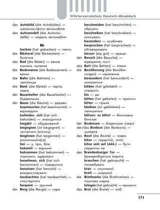 171
Wörterverzeichnis Deutsch-Ukrainisch
das Autobild (die Autobilder) —
малюнoк/фото автомобілів
das Automodell (die Automo-
delle) — модель автомобіля
Bb
backen (hat gebacken) — пекти
die Bäckerei (die Bäckereien) —
булочна
das Bad (die Bäder) — ванна
кімната, купання
die Badewanne (die Badewannen) —
ванна
die Bahn (die Bahnen) —
залізниця
die Bank (die Bänke) — парта,
лавка
der Bauarbeiter (die Bauarbeiter) —
будівельник
der Baum (die Bäume) — дерево
beantworten (hat beantwortet) —
відповідати
befinden, sich (hat sich
befunden) — знаходитися
begabt — обдарований
begegnen (ist begegnet) —
зустрічати (когось)
beginnen (hat begonnen) —
розпочинати(ся)
bei — у, при, біля
bekannt — відомий
bekommen (hat bekommen) —
отримати, одержати
benehmen, sich (hat sich
benommen) — поводитися
benutzen (hat benutzt) —
використовувати
beobachten (hat beobachtet) —
спостерігати
bequem — зручний
der Berg (die Berge) — гора
beschneiden (hat beschnitten) —
обрізати
beschreiben (hat beschrieben) —
описувати
besonders — особливо
besprechen (hat besprochen) —
обговорювати
besser (від gut) — краще
der Besuch (die Besuche) —
відвідання; гості
das Bett (die Betten) — ліжко
die Bevölkerung (die Bevölke-
rungen) — населення
bewundern (hat bewundert) —
милуватися
bilden (hat gebildet) —
утворити
bis — до
bitten (hat gebeten) — просити
bitter — гіркий
bleiben (ist geblieben) —
залишатися
blitzen: es blitzt — блискавка
блискає
der Bodensee — Боденське озеро
der/das Bonbon (die Bonbons) —
цукерка
das Boot (die Boote) — човен
böse — сердитий, злий;
böse sein auf (Akk.) — бути
сердитим на
das Brandenburger Tor —
Бранденбургські ворота
brauchen (hat gebraucht) —
потребувати
brav — слухняний
breit — широкий
die Briefmarke (die Briefmarken) —
поштова марка
bringen (hat gebracht) — принести
das Brot (die Brote) — хліб
 