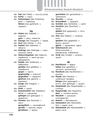 174
Wörterverzeichnis Deutsch-Ukrainisch
der Fuß (die Füße) — нога (ступня)
das Futter — корм
die Futterkrippe (die Futterkrip-
pen) — годівниця
füttern (hat gefüttert) —
годувати
Gg
die Gabel (die Gabeln) —
виделка
ganz — весь, повністю
die Garage (die Garagen) — гараж
der Gast (die Gäste) — гість
das Gebiet (die Gebiete) —
область
das Gebirge (die Gebirge) — гори,
гірський масив
die Geburtstagsfeier (die Geburts-
tagsfeiern) — свято до дня
народження
die Gefahr (die Gefahren) —
небезпека
gefallen (hat gefallen) —
подобатися
gegen — проти
gegenseitig — взаємно
gegenüber — навпроти
gehören (hat gehört) —
належати
die Geige (die Geigen) —
скрипка
das Geld — гроші
das Geleekonfekt (die Geleekon-
fekte) — мармелад
gelingen (ist gelungen) —
удаватися
das Gemüse (die Gemüse) —
овочі
geografisch — географічний
gerade — прямий; якраз
geradeaus — прямо
geschehen (ist geschehen) —
траплятися
das Geschirr — посуд
die Gesundheit — здоров’я
das Getränk (die Getränke) — напій
das Gewitter (die Gewitter) —
гроза
gießen (hat gegossen) — лити,
поливати
das Glas (die Gläser) — склянка,
скло
glauben (hat geglaubt) —
вірити, думати
gleich — однаковий; зараз
der Glückwunsch (die
Glückwünsche) —
(при)вітання, побажання
der Gruß (die Grüße) — вітання,
привіт
Hh
das Hackfleisch — фарш
halten (hat gehalten) —
тримати, зупиняти(ся)
das Handtuch (die Handtücher) —
рушник
das Handy (die Handys) —
мобільний телефон
hängen (hat gehangen) —
висіти, (hat gehängt) — вішати
die Hauptstadt (die Hauptstädte) —
столиця
die Hauptstraße (die Hauptstra-
ßen) — головна вулиця
der Haushalt — домашнє
господарство
die Heimat — батьківщина
das Heimatdorf (die Heimatdör-
fer) — рідне село
die Heimatstadt (die Heimatstädte) —
рідне місто
 