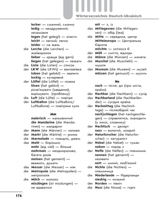 176
Wörterverzeichnis Deutsch-Ukrainisch
lecker — смачний; смачно
ledig — неодружений;
незаміжня
legen (hat gelegt) — класти
leicht — легкий; легко
leider — на жаль
die Lerche (die Lerchen) —
жайворонок
lieber — краще (від gern)
liegen (hat gelegen) — лежати
die Liste (die Listen) — список
der LKW (die LKWs) — вантажівка
loben (hat gelobt) — хвалити
lockig — кучерявий
der Löffel (die Löffel) — ложка
lösen (hat gelöst) —
розв’язувати (завдання),
вирішувати (проблему)
die Luft (die Lüfte) — повітря
der Luftballon (die Luftballons/
Luftballone) — повітряна куля
Mm
malerisch — мальовничий
die Mandarine (die Manda-
rinen) — мандарин
der Mann (die Männer) — чоловік
der Markt (die Märkte) — ринок
die Marmelade — повидло, джем
das Mehl — борошно
mehr (від viel) — більше
mehrmals — неодноразово,
багато разів
meinen (hat gemeint) —
вважати, думати
das Messer (die Messer) — ніж
die Metropole (die Metropolen) —
метрополія
die Milch — молоко
misslingen (ist misslungen) —
не вдаватися
mit — з, із
das Mittagessen (die Mittages-
sen) — обід (їжа)
die Mitte — середина, центр
Mitteleuropa — Центральна
Європа
möchte — хотілося б
der Müll — сміття, відходи
die Münze (die Münzen) — монета
die Muschel (die Muscheln) —
мушля
das Museum (die Museen) — музей
müssen (hat gemusst) — мусити
Nn
nach — після; до (про міста,
країни)
der Nachbar (die Nachbarn) — сусід
das Nachbarland (die Nachbarlän-
der) — сусідня країна
der Nachmittag (die Nachmit-
tage) — післяобідній час
nach|schlagen (hat nachgeschla-
gen) — справлятися, знаходити
(у книзі, словнику)
der Nachtisch — десерт
nass — вологий, мокрий
der Naturforscher (die Naturfor-
scher) — натураліст
der Nebel (die Nebel) — туман
neben — поряд з
der Neffe (die Neffen) — племінник
nennen (hat genannt) —
називати
nett — милий, люб’язний
die Nichte (die Nichten) —
племінниця
die Niederlande — Нідерланди
niedrig — низький
der Norden — північ
die Nuss (die Nüsse) — горіх
 