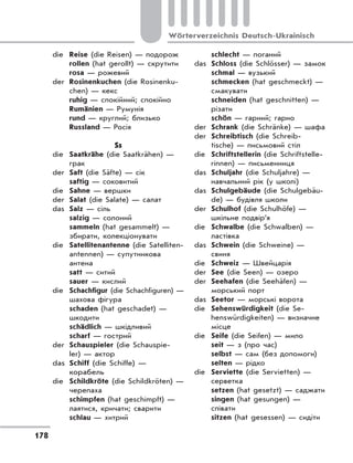 178
Wörterverzeichnis Deutsch-Ukrainisch
die Reise (die Reisen) — подорож
rollen (hat gerollt) — скрутити
rosa — рожевий
der Rosinenkuchen (die Rosinenku-
chen) — кекс
ruhig — спокійний; спокійно
Rumänien — Румунія
rund — круглий; близько
Russland — Росія
Ss
die Saatkrähe (die Saatkrähen) —
грак
der Saft (die Säfte) — сік
saftig — соковитий
die Sahne — вершки
der Salat (die Salate) — салат
das Salz — сіль
salzig — солоний
sammeln (hat gesammelt) —
збирати, колекціонувати
die Satellitenantenne (die Satelliten-
antennen) — супутникова
антена
satt — ситий
sauer — кислий
die Schachfigur (die Schachfiguren) —
шахова фігура
schaden (hat geschadet) —
шкодити
schädlich — шкідливий
scharf — гострий
der Schauspieler (die Schauspie-
ler) — актор
das Schiff (die Schiffe) —
корабель
die Schildkröte (die Schildkröten) —
черепаха
schimpfen (hat geschimpft) —
лаятися, кричати; сварити
schlau — хитрий
schlecht — поганий
das Schloss (die Schlösser) — замок
schmal — вузький
schmecken (hat geschmeckt) —
смакувати
schneiden (hat geschnitten) —
різати
schön — гарний; гарно
der Schrank (die Schränke) — шафа
der Schreibtisch (die Schreib-
tische) — письмовий стіл
die Schriftstellerin (die Schriftstelle-
rinnen) — письменниця
das Schuljahr (die Schuljahre) —
навчальний рік (у школі)
das Schulgebäude (die Schulgebäu-
de) — будівля школи
der Schulhof (die Schulhöfe) —
шкільне подвір’я
die Schwalbe (die Schwalben) —
ластівка
das Schwein (die Schweine) —
свиня
die Schweiz — Швейцарія
der See (die Seen) — озеро
der Seehafen (die Seehäfen) —
морський порт
das Seetor — морські ворота
die Sehenswürdigkeit (die Se-
henswürdigkeiten) — визначне
місце
die Seife (die Seifen) — мило
seit — з (про час)
selbst — сам (без допомоги)
selten — рідко
die Serviette (die Servietten) —
серветка
setzen (hat gesetzt) — саджати
singen (hat gesungen) —
співати
sitzen (hat gesessen) — сидіти
 