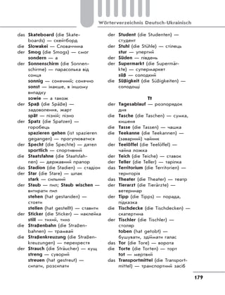 179
Wörterverzeichnis Deutsch-Ukrainisch
das Skateboard (die Skate-
boards) — скейтборд
die Slowakei — Словаччина
der Smog (die Smogs) — смог
sondern — а
der Sonnenschirm (die Sonnen-
schirme) — парасолька від
сонця
sonnig — сонячний; сонячно
sonst — інакше, в іншому
випадку
sowie — а також
der Spaß (die Späße) —
задоволення, жарт
spät — пізній; пізно
der Spatz (die Spatzen) —
горобець
spazieren gehen (ist spazieren
gegangen) — прогулюватися
der Specht (die Spechte) — дятел
sportlich — спортивний
die Staatsfahne (die Staatsfah-
nen) — державний прапор
das Stadion (die Stadien) — стадіон
der Star (die Stare) — шпак
stark — сильний
der Staub — пил; Staub wischen —
витирати пил
stehen (hat gestanden) —
стояти
stellen (hat gestellt) — ставити
der Sticker (die Sticker) — наклейка
still — тихий, тихо
die Straßenbahn (die Straßen-
bahnen) — трамвай
die Straßenkreuzung (die Straßen-
kreuzungen) — перехрестя
der Strauch (die Sträucher) — кущ
streng — суворий
streuen (hat gestreut) —
сипати, розсипати
der Student (die Studenten) —
студент
der Stuhl (die Stühle) — стілець
stur — упертий
der Süden — південь
der Supermarkt (die Supermär-
kte) — супермаркет
süß — солодкий
die Süßigkeit (die Süßigkeiten) —
солодощі
Tt
der Tagesablauf — розпорядок
дня
die Tasche (die Taschen) — сумка,
кишеня
die Tasse (die Tassen) — чашка
die Teekanne (die Teekannen) —
(заварний) чайник
der Teelöffel (die Teelöffel) —
чайна ложка
der Teich (die Teiche) — ставок
der Teller (die Teller) — тарілка
das Territorium (die Territorien) —
територія
das Theater (die Theater) — театр
der Tierarzt (die Tierärzte) —
ветеринар
der Tipp (die Tipps) — порада,
підказка
die Tischdecke (die Tischdecken) —
скатертина
der Tischler (die Tischler) —
столяр
toben (hat getobt) —
бушувати, здіймати галас
das Tor (die Tore) — ворота
die Torte (die Torten) — торт
tot — мертвий
das Transportmittel (die Transport-
mittel) — транспортний засіб
 