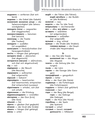 183
Wörterverzeichnis Ukrainisch-Deutsch
видаляти — entfernen (hat ent-
fernt)
виделка — die Gabel (die Gabeln)
визначний: визначне місце — die
Sehenswürdigkeit (die Sehens-
würdigkeiten)
викидати (геть) — wegwerfen
(hat weggeworfen)
використовувати — benutzen
(hat benutzt)
виноград — die Traube
(die Trauben)
випадати — aus|fallen
(ist ausgefallen)
виписувати — heraus|schreiben (hat
herausgeschrieben)
висіти — hängen (hat gehangen)
витирати (пил) — ab|wischen
(hat abgewischt)
витиратися (насухо) — ab|trocknen,
sich (hat sich abgetrocknet)
від — von
відвідання — der Besuch
(die Besuche)
відкривати — auf|machen
(hat aufgemacht)
відомий — bekannt
відповідати — beantworten
(hat beantwortet); entsprechen
(hat entsprochen) (умовам)
відпочивати — erholen, sich (hat
sich erholt)
відпочинок — die Erholung
відрекомендувати — vor|stellen
вікторина — das Quiz [kvis]
(die Quiz)
вільний — frei
вірити — glauben (hat geglaubt)
вітання — der Gruß (die Grüße)
вішати — hängen (hat gehängt)
внизу — unten
водій — der Fahrer (die Fahrer);
водій автобуса — der Busfah-
rer (die Busfahrer)
вологий — nass
ворота — das Tor (die Tore)
вперемішку — durcheinander
все — alles; все рівно — egal
вставати — auf|stehen
(ist aufgestanden)
встановити — auf|stellen
(hat aufgestellt)
вузький — eng, schmal
вулиця — die Straße (die Straßen);
головна вулиця — die Haupt-
straße (die Hauptstraßen)
Гг
газ — das Gas (die Gase);
вихлопний газ — das Abgas
(die Abgase)
газета — die Zeitung (die Zei-
tungen)
гамір — der Lärm
гараж — die Garage (die Gara-
gen)
географічний — geografisch
гіркий — bitter
гість — der Gast (die Gäste)
годівниця — die Futterkrippe
(die Futterkrippen)
годувати — füttern (hat gefüttert)
голосний — laut
гора — der Berg (die Berge);
гори — das Gebirge
(die Gebirge)
горіх — die Nuss (die Nüsse)
горобець — der Spatz
(die Spatzen)
гострий — scharf
готовий — bereit; готовий
допомогти — hilfsbereit
 