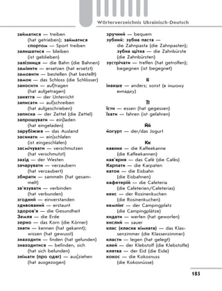 185
Wörterverzeichnis Ukrainisch-Deutsch
займатися — treiben
(hat getrieben); займатися
спортом — Sport treiben
залишатися — bleiben
(ist geblieben)
залізниця — die Bahn (die Bahnen)
замінити — ersetzen (hat ersetzt)
замовити — bestellen (hat bestellt)
замок — das Schloss (die Schlösser)
заносити — auf|tragen
(hat aufgetragen)
заняття — der Unterricht
записати — auf|schreiben
(hat aufgeschrieben)
записка — der Zettel (die Zettel)
запрошувати — ein|laden
(hat eingeladen)
зарубіжжя — das Ausland
засинати — ein|schlafen
(ist eingeschlafen)
засмічувати — verschmutzen
(hat verschmutzt)
захід — der Westen
зачарувати — verzaubern
(hat verzaubert)
збирати — sammeln (hat gesam-
melt)
зв’язувати — verbinden
(hat verbunden)
згодний — einverstanden
здивований — erstaunt
здоров’я — die Gesundheit
Земля — die Erde
зерно — das Korn (die Körner)
знати — kennen (hat gekannt);
wissen (hat gewusst)
знаходити — finden (hat gefunden)
знаходитися — befinden, sich
(hat sich befunden)
знімати (про одяг) — aus|ziehen
(hat ausgezogen)
зручний — bequem
зубний: зубна паста —
die Zahnpasta (die Zahnpasten);
зубна щітка — die Zahnbürste
(die Zahnbürsten)
зустрічати — treffen (hat getroffen);
begegnen (ist begegnet)
Іі
інакше — anders; sonst (в іншому
випадку)
Її
їсти — essen (hat gegessen)
їхати — fahren (ist gefahren)
Йй
йогурт — der/das Jogurt
Кк
кавник — die Kaffeekanne
(die Kaffeekannen)
кав’ярня — das Café (die Cafés)
Карпати — die Karpaten
каток — die Eisbahn
(die Eisbahnen)
кафетерій — die Cafeteria
(die Cafeterien/Cafeterias)
кекс — der Rosinenkuchen
(die Rosinenkuchen)
кемпінг — der Campingplatz
(die Campingplätze)
кидати — werfen (hat geworfen)
кислий — sauer
клас (класна кімната) — das Klas-
senzimmer (die Klassenzimmer)
класти — legen (hat gelegt)
клей — der Klebstoff (die Klebstoffe)
клятва — der Eid (die Eide)
кокос — die Kokosnuss
(die Kokosnüsse)
 