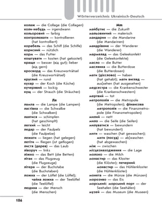 186
Wörterverzeichnis Ukrainisch-Deutsch
колаж — die Collage (die Collagen)
коли-небудь — irgendwann
кольоровий — farbig
контролювати — kontrollieren
(hat kontrolliert)
корабель — das Schiff (die Schiffe)
корисний — nützlich
корм — das Futter
коштувати — kosten (hat gekostet)
краще — besser (від gut); lieber
(від gern)
кросворд — das Kreuzworträtsel
(die Kreuzworträtsel)
круглий — rund
кухар — der Koch (die Köche)
кучерявий — lockig
кущ — der Strauch (die Sträucher)
Лл
лампа — die Lampe (die Lampen)
ластівка — die Schwalbe
(die Schwalben)
лаятися — schimpfen
(hat geschimpft)
легкий — leicht
ледар — der Faulpelz
(die Faulpelze)
лежати — liegen (hat gelegen)
летіти — fliegen (ist geflogen)
листя (дерев) — das Laub
ліворуч — links
ліжко — das Bett (die Betten)
літак — das Flugzeug
(die Flugzeuge)
літера — der Buchstabe
(die Buchstaben)
ложка — der Löffel (die Löffel);
чайна ложка — der Teelöffel
(die Teelöffel)
людина — der Mensch
(die Menschen)
Mm
майбутнє — die Zukunft
мальовничий — malerisch
мандарин — die Mandarine
(die Mandarinen)
мандрівник — der Wanderer
(die Wanderer)
мармелад — das Geleekonfekt
(die Geleekonfekte)
масло — die Butter
маслянка — die Butterdose
(die Butterdosen)
мати (дієслово) — haben
(hat gehabt); мати вигляд —
aus|sehen (hat ausgesehen)
медсестра — die Krankenschwester
(die Krankenschwestern)
мертвий — tot
метрополія — die Metropole
(die Metropolen); фінансова
метрополія — die Finanzmetro-
pole (die Finanzmetropolen)
милий — nett
мило — die Seife (die Seifen)
милуватися — bewundern
(hat bewundert)
мити — waschen (hat gewaschen);
мити (посуд) — ab|waschen
(hat abgewaschen)
між — zwischen
місцезнаходження — die Lage
молоко — die Milch
монастир — das Kloster
(die Klöster); печерний
монастир — das Höhlenkloster
(die Höhlenklöster)
монета — die Münze (die Münzen)
морозиво — das Eis
морський: морський порт — der
Seehafen (die Seehäfen)
музей — das Museum (die Museen)
 