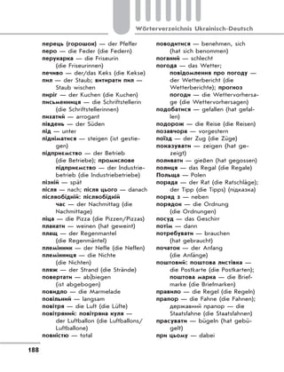 188
Wörterverzeichnis Ukrainisch-Deutsch
перець (горошок) — der Pfeffer
перо — die Feder (die Federn)
перукарка — die Friseurin
(die Friseurinnen)
печиво — der/das Keks (die Kekse)
пил — der Staub; витирати пил —
Staub wischen
пиріг — der Kuchen (die Kuchen)
письменниця — die Schriftstellerin
(die Schriftstellerinnen)
пихатий — arrogant
південь — der Süden
під — unter
підніматися — steigen (ist gestie-
gen)
підприємство — der Betrieb
(die Betriebe); промислове
підприємство — der Industrie-
betrieb (die Industriebetriebe)
пізній — spät
після — nach; після цього — danach
післяобідній: післяобідній
час — der Nachmittag (die
Nachmittage)
піца — die Pizza (die Pizzen/Pizzas)
плакати — weinen (hat geweint)
плащ — der Regenmantel
(die Regenmäntel)
племінник — der Neffe (die Neffen)
племінниця — die Nichte
(die Nichten)
пляж — der Strand (die Strände)
повертати — ab|biegen
(ist abgebogen)
повидло — die Marmelade
повільний — langsam
повітря — die Luft (die Lüfte)
повітряний: повітряна куля —
der Luftballon (die Luftballons/
Luftballone)
повністю — total
поводитися — benehmen, sich
(hat sich benommen)
поганий — schlecht
погода — das Wetter;
повідомлення про погоду —
der Wetterbericht (die
Wetterberichte); прогноз
погоди — die Wettervorhersa-
ge (die Wettervorhersagen)
подобатися — gefallen (hat gefal-
len)
подорож — die Reise (die Reisen)
позавчора — vorgestern
поїзд — der Zug (die Züge)
показувати — zeigen (hat ge-
zeigt)
поливати — gießen (hat gegossen)
полиця — das Regal (die Regale)
Польща — Polen
порада — der Rat (die Ratschläge);
der Tipp (die Tipps) (підказка)
поряд з — neben
порядок — die Ordnung
(die Ordnungen)
посуд — das Geschirr
потім — dann
потребувати — brauchen
(hat gebraucht)
початок — der Anfang
(die Anfänge)
поштовий: поштова листівка —
die Postkarte (die Postkarten);
поштова марка — die Brief-
marke (die Briefmarken)
правило — die Regel (die Regeln)
прапор — die Fahne (die Fahnen);
державний прапор — die
Staatsfahne (die Staatsfahnen)
прасувати — bügeln (hat gebü-
gelt)
при цьому — dabei
 