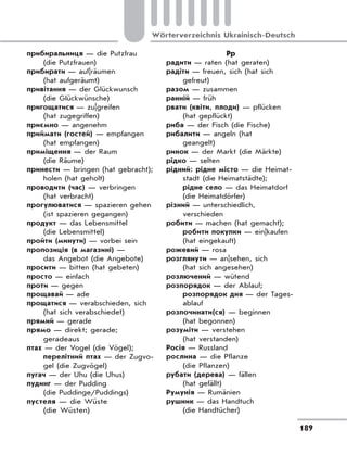 189
Wörterverzeichnis Ukrainisch-Deutsch
прибиральниця — die Putzfrau
(die Putzfrauen)
прибирати — auf|räumen
(hat aufgeräumt)
привітання — der Glückwunsch
(die Glückwünsche)
пригощатися — zu|greifen
(hat zugegriffen)
приємно — angenehm
приймати (гостей) — empfangen
(hat empfangen)
приміщення — der Raum
(die Räume)
принести — bringen (hat gebracht);
holen (hat geholt)
проводити (час) — verbringen
(hat verbracht)
прогулюватися — spazieren gehen
(ist spazieren gegangen)
продукт — das Lebensmittel
(die Lebensmittel)
пройти (минути) — vorbei sein
пропозиція (в магазині) —
das Angebot (die Angebote)
просити — bitten (hat gebeten)
просто — einfach
проти — gegen
прощавай — ade
прощатися — verabschieden, sich
(hat sich verabschiedet)
прямий — gerade
прямо — direkt; gerade;
geradeaus
птах — der Vogel (die Vögel);
перелітний птах — der Zugvo-
gel (die Zugvögel)
пугач — der Uhu (die Uhus)
пудинг — der Pudding
(die Puddinge/Puddings)
пустеля — die Wüste
(die Wüsten)
Рр
радити — raten (hat geraten)
радіти — freuen, sich (hat sich
gefreut)
разом — zusammen
ранній — früh
рвати (квіти, плоди) — pflücken
(hat gepflückt)
риба — der Fisch (die Fische)
рибалити — angeln (hat
geangelt)
ринок — der Markt (die Märkte)
рідко — selten
рідний: рідне місто — die Heimat-
stadt (die Heimatstädte);
рідне село — das Heimatdorf
(die Heimatdörfer)
різний — unterschiedlich,
verschieden
робити — machen (hat gemacht);
робити покупки — ein|kaufen
(hat eingekauft)
рожевий — rosa
розглянути — an|sehen, sich
(hat sich angesehen)
розлючений — wütend
розпорядок — der Аblauf;
розпорядок дня — der Tages-
ablauf
розпочинати(ся) — beginnen
(hat begonnen)
розуміти — verstehen
(hat verstanden)
Росія — Russland
рослина — die Pflanze
(die Pflanzen)
рубати (дерева) — fällen
(hat gefällt)
Румунія — Rumänien
рушник — das Handtuch
(die Handtücher)
 