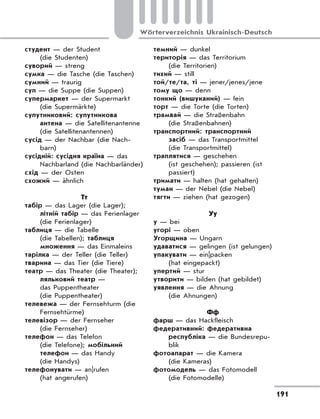 191
Wörterverzeichnis Ukrainisch-Deutsch
студент — der Student
(die Studenten)
суворий — streng
сумка — die Tasche (die Taschen)
сумний — traurig
суп — die Suppe (die Suppen)
супермаркет — der Supermarkt
(die Supermärkte)
супутниковий: супутникова
антена — die Satellitenantenne
(die Satellitenantennen)
сусід — der Nachbar (die Nach-
barn)
сусідній: сусідня країна — das
Nachbarland (die Nachbarländer)
схід — der Osten
схожий — ähnlich
Тт
табір — das Lager (die Lager);
літній табір — das Ferienlager
(die Ferienlager)
таблиця — die Tabelle
(die Tabellen); таблиця
множення — das Einmaleins
тарілка — der Teller (die Teller)
тварина — das Tier (die Tiere)
театр — das Theater (die Theater);
ляльковий театр —
das Puppentheater
(die Puppentheater)
телевежа — der Fernsehturm (die
Fernsehtürme)
телевізор — der Fernseher
(die Fernseher)
телефон — das Telefon
(die Telefone); мобільний
телефон — das Handy
(die Handys)
телефонувати — an|rufen
(hat angerufen)
темний — dunkel
територія — das Territorium
(die Territorien)
тихий — still
той/те/та, ті — jener/jenes/jene
тому що — denn
тонкий (вишуканий) — fein
торт — die Torte (die Torten)
трамвай — die Straßenbahn
(die Straßenbahnen)
транспортний: транспортний
засіб — das Transportmittel
(die Transportmittel)
траплятися — geschehen
(ist geschehen); passieren (ist
passiert)
тримати — halten (hat gehalten)
туман — der Nebel (die Nebel)
тягти — ziehen (hat gezogen)
Уу
у — bei
угорі — oben
Угорщина — Ungarn
удаватися — gelingen (ist gelungen)
упакувати — ein|packen
(hat eingepackt)
упертий — stur
утворити — bilden (hat gebildet)
уявлення — die Ahnung
(die Ahnungen)
Фф
фарш — das Hackfleisch
федеративний: федеративна
республіка — die Bundesrepu-
blik
фотоапарат — die Kamera
(die Kameras)
фотомодель — das Fotomodell
(die Fotomodelle)
 