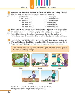 1Lektion Der Sommer ist vorbei
24
	Schreibe die fehlenden Formen ins Heft und höre die Lösung. Напиши
відсутні форми в зошиті і прослухай правильні відповіді.
die Kartoffel — …
die Gurke — …
die Aprikose — …
die Birne — …
die Rose — …
die Tulpe — …
… — die Äpfel
… — die Tomaten
… — die Möhren
… — die Lilien
… — die Nelken
… — die Kirschen
	Was wächst im Garten eurer Verwandten? Sprecht in Kleingruppen.
Обговоріть у невеликих групах, що росте у садку ваших рідних.
Meine Eltern/Meine Großeltern haben einen Garten. Da wachsen…
Meine Tante/Mein Onkel/Meine Oma hat einen Gemüsegarten. Da wachsen…
	Wie helfen die Kinder den Großeltern auf dem Land? Ordne die
Wortverbindungen den Bildern zu und erzähle. Як діти допомагають бабусі
й дідусю у селі? Добери словосполучення до малюнків і розкажи.
Tiere füttern, im Gemüsegarten arbeiten, Äpfel pflücken, Blumen gießen,
das Haus in Ordnung bringen
Taras Katja Inna
Andrij Olena
Die Kinder helfen den Großeltern gern auf dem Land.
Taras pflückt Äpfel. Katja/Inna/Andrij/Olena…
 