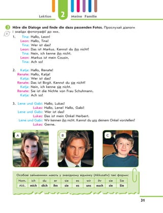Lektion 2 Meine Familie
31
	Höre die Dialoge und finde die dazu passenden Fotos. Прослухай діалоги
і знайди фотографії до них.
1. Tina: Hallo, Leon!
Leon: Hallo, Tina!
Tina: Wer ist das?
Leon: Das ist Markus. Kennst du ihn nicht?
Tina: Nein, ich kenne ihn nicht.
Leon: Markus ist mein Cousin.
Tina: Ach so!
2. Katja: Hallo, Renate!
Renate: Hallo, Katja!
Katja: Wer ist das?
Renate: Das ist Birgit. Kennst du sie nicht?
Katja: Nein, ich kenne sie nicht.
Renate: Sie ist die Nichte von Frau Schuhmann.
Katja: Ach so!
3. Lene und Gabi: Hallo, Lukas!
Lukas: Hallo, Lene! Hallo, Gabi!
Lene und Gabi: Wer ist das?
Lukas: Das ist mein Onkel Herbert.
Lene und Gabi: Wir kennen ihn nicht. Kannst du uns deinem Onkel vorstellen?
Lukas: Gerne.
A B C
Особові займенники мають у знахідному відмінку (Akkusativ) такі форми:
Nom. ich du er sie es wir ihr sie Sie
Akk. mich dich ihn sie es uns euch sie Sie
 