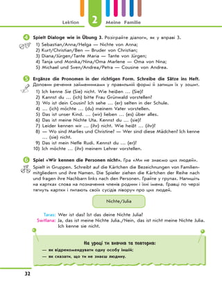 2Lektion Meine Familie
32
	Spielt Dialoge wie in Übung 3. Розіграйте діалоги, як у вправі 3.
1) Sebastian/Anna/Helga — Nichte von Anna;
2) Kurt/Christian/Ben — Bruder von Christian;
3) Diana/Jürgen/Tante Maria — Tante von Jürgen;
4) Tanja und Monika/Nina/Oma Marlene — Oma von Nina;
5) Michael und Sven/Andrea/Petra — Cousine von Andrea.
	Ergänze die Pronomen in der richtigen Form. Schreibe die Sätze ins Heft.
Доповни речення займенниками у правильній формі й запиши їх у зошит.
1) Ich kenne Sie (Sie) nicht. Wie heißen … (Sie)?
2) Kannst du … (ich) bitte Frau Grünwald vorstellen?
3) Wo ist dein Cousin? Ich sehe … (er) selten in der Schule.
4) … (ich) möchte … (du) meinem Vater vorstellen.
5) Das ist unser Kind. … (wir) lieben … (es) über alles.
6) Das ist meine Nichte Uta. Kennst du … (sie)?
7) Leider kennen wir … (ihr) nicht. Wie heißt … (ihr)?
8) — Wo sind Marlies und Christine? — Wer sind diese Mädchen? Ich kenne
… (sie) nicht.
9) Das ist mein Neffe Rudi. Kennst du … (er)?
10) Ich möchte … (ihr) meinem Lehrer vorstellen.
	Spiel «Wir kennen die Personen nicht». Гра «Ми не знаємо цих людей».
Spielt in Gruppen. Schreibt auf die Kärtchen die Bezeichnungen von Familien-
mitgliedern und ihre Namen. Die Spieler ziehen die Kärtchen der Reihe nach
und fragen ihre Nachbarn links nach den Personen. Грайте у групах. Напишіть
на картках слова на позначення членів родини і їхні імена. Гравці по черзі
тягнуть картки і питають своїх сусідів ліворуч про цих людей.
Nichte/Julia
Taras: Wer ist das? Ist das deine Nichte Julia?
Switlana: Ja, das ist meine Nichte Julia./Nein, das ist nicht meine Nichte Julia.
Ich kenne sie nicht.
На уроці ти вивчив та повторив:
— як відрекомендувати одну особу іншій;
— як сказати, що ти не знаєш людину.
 