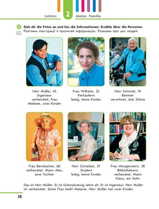 2Lektion Meine Familie
38
	Sieh dir die Fotos an und lies die Informationen. Erzähle über die Personen.
Розглянь ілюстрації й прочитай інформацію. Розкажи про цих людей.
Herr Müller, 45
Ingenieur
verheiratet, Frau
Melanie, zwei Kinder
Frau Wilhelm, 22
Verkäuferin
ledig, keine Kinder
Herr Schmidt, 74
Rentner
verwitwet, drei Söhne
Frau Bernbacher, 60
verheiratet, Mann Alex,
eine Tochter
Herr Schreiber, 27
Student
ledig, keine Kinder
Frau Morgenstern, 38
Bibliothekarin
verheiratet, Mann
Klaus, ein Sohn
Das ist Herr Müller. Er ist fünfundvierzig Jahre alt. Er ist Ingenieur. Herr Müller
ist verheiratet. Seine Frau heißt Melanie. Herr Müller hat zwei Kinder.
 