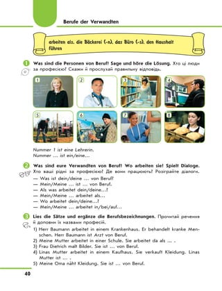40
arbeiten als, die BЉckerei (-n), das BЋro (-s), den Haushalt
fЋhren
	Was sind die Personen von Beruf? Sage und höre die Lösung. Хто ці люди
за професією? Скажи й прослухай правильну відповідь.
4
8
1
5
2
6
3
7
Nummer 1 ist eine Lehrerin.
Nummer … ist ein/eine…
	Was sind eure Verwandten von Beruf? Wo arbeiten sie? Spielt Dialoge.
Хто ваші рідні за професією? Де вони працюють? Розіграйте діалоги.
— Was ist dein/deine … von Beruf?
— Mein/Meine … ist … von Beruf.
— Als was arbeitet dein/deine…?
— Mein/Meine … arbeitet als…
— Wo arbeitet dein/deine…?
— Mein/Meine … arbeitet in/bei/auf…
	Lies die Sätze und ergänze die Berufsbezeichnungen. Прочитай речення
й доповни їх назвами професій.
1) Herr Baumann arbeitet in einem Krankenhaus. Er behandelt kranke Men-
schen. Herr Baumann ist Arzt von Beruf.
2) Meine Mutter arbeitet in einer Schule. Sie arbeitet da als ... .
3) Frau Dietrich malt Bilder. Sie ist … von Beruf.
4) Linas Mutter arbeitet in einem Kaufhaus. Sie verkauft Kleidung. Linas
Mutter ist … .
5) Meine Oma näht Kleidung. Sie ist … von Beruf.
Berufe der Verwandten
 