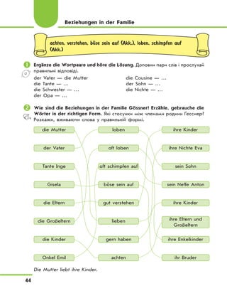 44
achten, verstehen, bЊse sein auf (Akk.), loben, schimpfen auf
(Akk.)
	Ergänze die Wortpaare und höre die Lösung. Доповни пари слів і прослухай
правильні відповіді.
der Vater — die Mutter die Cousine — …
die Tante — … der Sohn — …
die Schwester — … die Nichte — …
der Opa — …
	Wie sind die Beziehungen in der Familie Gössner? Erzähle, gebrauche die
Wörter in der richtigen Form. Які стосунки між членами родини Ґесснер?
Розкажи, вживаючи слова у правильній формі.
Die Mutter liebt ihre Kinder.
Beziehungen in der Familie
oft loben
ihre Enkelkinder
die Großeltern
achten
ihre Eltern und
Großeltern
die Kinder
oft schimpfen auf
sein Neffe Anton
Onkel Emil
lieben
ihre Kinder
die Mutter loben
sein Sohn
der Vater
gern haben
ihre Nichte Eva
Tante Inge
böse sein auf
ihr Bruder
Gisela
gut verstehen
ihre Kinder
die Eltern
 