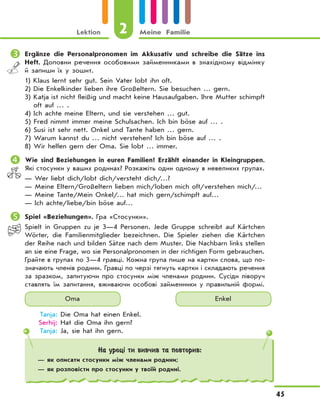 Lektion 2 Meine Familie
45
	Ergänze die Personalpronomen im Akkusativ und schreibe die Sätze ins
Heft. Доповни речення особовими займенниками в знахідному відмінку
й запиши їх у зошит.
1) Klaus lernt sehr gut. Sein Vater lobt ihn oft.
2) Die Enkelkinder lieben ihre Großeltern. Sie besuchen … gern.
3) Katja ist nicht fleißig und macht keine Hausaufgaben. Ihre Mutter schimpft
oft auf … .
4) Ich achte meine Eltern, und sie verstehen … gut.
5) Fred nimmt immer meine Schulsachen. Ich bin böse auf … .
6) Susi ist sehr nett. Onkel und Tante haben … gern.
7) Warum kannst du … nicht verstehen? Ich bin böse auf … .
8) Wir helfen gern der Oma. Sie lobt … immer.
	Wie sind Beziehungen in euren Familien? Erzählt einander in Kleingruppen.
Які стосунки у ваших родинах? Розкажіть один одному в невеликих групах.
— Wer liebt dich/lobt dich/versteht dich/…?
— Meine Eltern/Großeltern lieben mich/loben mich oft/verstehen mich/…
— Meine Tante/Mein Onkel/… hat mich gern/schimpft auf…
— Ich achte/liebe/bin böse auf…
	Spiel «Beziehungen». Гра «Стосунки».
Spielt in Gruppen zu je 3—4 Personen. Jede Gruppe schreibt auf Kärtchen
Wörter, die Familienmitglieder bezeichnen. Die Spieler ziehen die Kärtchen
der Reihe nach und bilden Sätze nach dem Muster. Die Nachbarn links stellen
an sie eine Frage, wo sie Personalpronomen in der richtigen Form gebrauchen.
Грайте в групах по 3—4 гравці. Кожна група пише на картки слова, що по-
значають членів родини. Гравці по черзі тягнуть картки і складають речення
за зразком, запитуючи про стосунки між членами родини. Сусіди ліворуч
ставлять їм запитання, вживаючи особові займенники у правильній формі.
Oma Enkel
Tanja: Die Oma hat einen Enkel.
Serhij: Hat die Oma ihn gern?
Tanja: Ja, sie hat ihn gern.
На уроці ти вивчив та повторив:
— як описати стосунки між членами родини;
— як розповісти про стосунки у твоїй родині.
 
