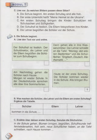 M0PUL~1
C. Lies vor. Zu welchen Bildern passen diese Sätze?
A. Die Schuie beginnt. Am ersten Schuitag sind alle froh.
B. Der erste Unterricht heißt ’’Meine Heimat ist die Ukraine“.
C. Am ersten Schultag bringen die Kinder Schultüten mit
Schulsachen und Süßigkeiten.
D. Der Schulhof ist festlich. Die Eltern fotografieren ihre Kinder.
E. Die Lehrer begrüßen die Schüler vor der Schule.
5. Die Schule beginnt.
A. Lies den Text vor und ordne.
Der Schulhof ist festlich. Der
Schuldirektor, die Lehrer und
die Eltern begrüßen die Schü­
ler zum Schulbeginn.
Dann gehen alle in ihre Klas­
senzimmer. Der Lehrer schreibt
an die Tafel: ’’Montag, den ers­
ten September“ und die Schul­
fächer: ’’Englisch. Deutsch, Ma­
thematik, ..."
Am Nachmittag gehen die
Schüier nach Hause.
Morgen ist wieder Schule. In
der Deutschstunde sprechen
alle über ihre Sommerferien.
Heute ist der erste Schultag.
Die Schüler kommen wieder
in die Schuie. Alle bringen Blu­
men.
1
B. Was machen die Schüler, die Lehrer und die Eltern am ersten Schultag?
Ergänze die Tabelle.
Schüier Eltern Lehrer
kommen in die Schule....
C. Erzähle über deinen ersten Schultag. Benutze die Stichwörter.
in die Schule gehen, Blumen bringen, begrüßen, Schulfreunde tref-
fen/wiedersehen, froh sein, neue Schulfächer haben, an die Tafel
schreiben, nach Hause kommen ...
 