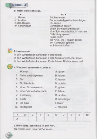 MODUL 4
B. Macht weitere Dialoge.
Hl
zu Hause
im Ausland
in den Bergen
im Ferienlager
■ / ♦
Bücher lesen
Sehenswürdigkeiten besichtigen
Ski iaufen
Schlittschuh laufen
einen Schneemann bauen
eine Schneeballschlacht machen
Eishockey spielen
Feste feiern
ins Kino / ins Theater gehen
am Computer spielen
im Internet surfen
7. Lawinenspiel.
In den Winterferien kannman Feste feiern.
In den Winterferien kann man Feste feiern und Bücherlesen.
In den Winterferien kann man Feste feiern, Bücherlesen und
1. Was passt zusammen? Ordne zu.
1. Bücher A. lesen
2 . Sehenswürdigkeiten B. feiern
3. Ski C. bauen
4. Schlittschuh D. spielen
5. einen Schneemann E.gehen
6 . eine Schneeballschlacht F. fahren
7. Eishockey G. surfen
8 . Feste H. besichtigen
9. ins Kino I. laufen
1 0 . im Internet J. machen
1 2 3 4 5 6 7 8 9 10
A
2. Bilde Sätze. Schreib sie in dein Heft.
Im Winter kann man Bücher lesen.
 