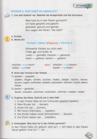 STUNDE 2. WAS HAST DU GEMACHT?
1. Lies das Gedicht vor. Beachte die Aussprache und die Intonation.
B. Bilde das Partizip II der Verben.
1 ) spielen - gespielt, ...
spielen, fragen, turnen, suchen, malen, zeigen, lachen, lernen,
tanzen, sagen, schenken, basteln, schaukeln, wohnen, rodeln, feiern,
haben
2 ) baden - gebadet, ...
baden, arbeiten, zeichnen, antworten, rechnen, melden, bilden
C. Ergänze die Sätze. Schreib sie in dein Heft.
1. In den Ferien habe ich am Computer gespielt (spielen).
2. Mein Bruder hat... (lernen).
3. Anton hat viel ... (turnen).
4. Wir haben Eishockey ... (spielen).
5. Die Kinder haben einen Schneemann ... (bauen).
6. Die Eltern haben viel ... (arbeiten).
Was hast du in den Ferien gemacht?
ich habe gespielt und gelacht,
gebastelt, geturnt und gemalt.
Nun sagen die Ferien: ’’Bis bald!“
2. Perfekt.
A. Merke dir!
Perfekt = haben (Präsens) + Partizip II
Schwache Verben tun nicht weh:
Präfix ge- und Suffix -f;
rodeln — gerodelt, machen — gemacht,
feiern — gefeiert, lachen — gelacht.
machen -> gemacht
malen -> gemalt
aber: arbeiten —►gearbeitet
baden -» gebadet
3. Kettenspiel. Was hast du in den Ferien gemacht?
In den Ferien habe ich geturnt. Und du? — Ich habe in den Ferien
Musik gehört. Und du? — Ich ...
 