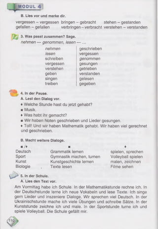 B. Lies vor und merke dir.
vergessen - vergessen bringen - gebracht stehen - gestanden
gefallen - gefallen verbringen-verbracht verstehen - verstanden
»
3. Was passt zusammen? Sage.
nehmen genommen, lesen — ...
nehmen geschrieben
lesen vergessen
schreiben genommen
vergessen gesungen
verstehen getrieben
geben verstanden
singen gelesen
treiben gegeben
s~L 4. !n der Pause.
A. Lest den Dialog vor.
♦ Welche Stunde hast du jetzt gehabt?
■ Musik.
♦Was habt ihr gemacht?
■ Wir haben Noten geschrieben und Lieder gesungen.
♦ Toll! Und wir haben Mathematik gehabt. Wir haben viel gerechnet
und geschrieben.
B. Macht weitere Dialoge.
■ /♦ ■
Deutsch Grammatik lernen
Sport Gymnastik machen, turnen
Kunst Kunstgeschichte lernen
Biologie . Texte lesen
spielen, sprechen
Volleyball spielen
malen, zeichnen
Filme sehen
5. In der Schule.
A. Lies den Text vor.
Am Vormittag habe ich Schule. In der Mathematikstunde rechne ich. In
der Deutschstunde lerne ich neue Vokabeln und lese Texte. Ich singe
gern Lieder und inszeniere Dialoge. Wir sprechen viel Deutsch. In der
Ukrainischstunde mache ich viele Übungen und schreibe Sätze. In der
Kunststunde zeichne ich und male. In der Sportstunde turne ich und
spiele Volleyball. Die Schule gefällt mir.
 