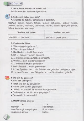 MODUL 4 I
B. Bilde Sätze. Schreib sie in dein Heft.
Im Sommer bin ich im Hof gerutscht.
3. Verben mit haben oder sein?
A. Ergänze die Tabelle. Schreib sie in dein Heft.
machen, gehen, haben, fahren, turnen, schreiben, geben, fliegen,
bleiben, tanzen, rutschen, besuchen, laufen, essen, springen, gehen,
helfen, kommen, verbringen
Verben mit haben Verben mit sein
machen — gemacht, ... gehen — gegangen, ...
B. Ergänze die Sätze.
1. Wohin bist du gefahren?
2. Wo ... ihr geblieben?
3. Die Kinder... im Hof gerutscht.
4. Ich ... meine Freundin besucht.
5. ... du deine Hausaufgaben gemacht?
6 . Wohin ... dein Bruder geflogen?
7. ... du deiner Mutter geholfen?
8 . Mein Freund ... nicht gekommen.
9. In der Sportstunde ... die Schüler viel gelaufen und gesprungen.
10. In den Ferien ... wir Ski gefahren und Schlittschuh gelaufen.
4. Wo bist du gewesen?
A. Lest den Dialog vor.
♦ Peter, wo bist du gewesen?
■ Ich bin zum Laden gegangen.
♦ Und wo ist Martin? Er ist eben hier gewesen.
■ Da kommt er. Wohin ist er gegangen?
♦ Das weiß ich doch nicht!
B. Macht weitere Dialoge.
■ ♦
tauchen Rad fahren
vom Sprungturm springen Boot fahren
spazieren gehen laufen
 