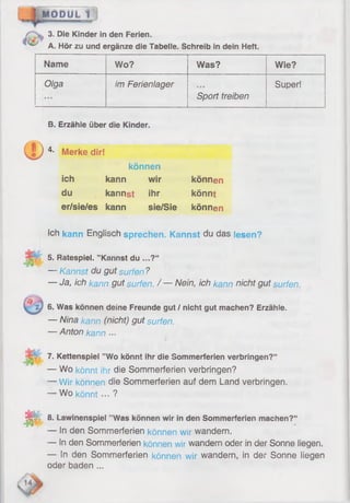 MODUL 1
, „ 3. Die Kinder in den Ferien.
A. Hör zu und ergänze die Tabelle. Schreib in dein Heft.
Name Wo? Was? Wie?
Olga im Ferienlager
Sport treiben
Super!
CD4-
B. Erzähle über die Kinder.
Merke dir!
können
ich kann wir können
du kannst ihr könnt
er/sie/es kann sie/Sie können
Ich kann Englisch sprechen. Kannst du das lesen?
5. Ratespiel. ’’Kannst du ...?“
— Kannst du gut surfen?
— Ja, ich kann gut surfen. / — Nein, ich kann nicht gut surfen.
6. Was können deine Freunde gut / nicht gut machen? Erzähle.
— Nina kann (nicht) gut surfen.
— Anton kann ...
7. Kettenspiel ”Wo könnt ihr die Sommerferien verbringen?“
— Wo könnt ihr die Sommerferien verbringen?
— Wir können die Sommerferien auf dem Land verbringen.
— Wo könnt ... ?
m 8. Lawinenspiel ’’Was können wir in den Sommerfersen machen?“
— In den Sommerferien können wir wandern.
— In den Sommerferien können wir wandern oder in der Sonne liegen.
— In den Sommerferien können wir wandern, in der Sonne liegen
oder baden ...
 