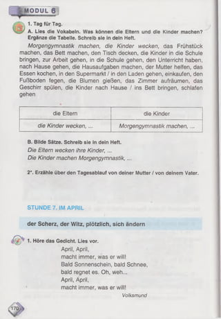 1. Tag für Tag.
A. Lies die Vokabeln. Was können die Eltern und die Kinder machen?
Ergänze die Tabelle. Schreib sie in dein Heft.
Morgengymnastik machen, die Kinder wecken, das Frühstück
machen, das Bett machen, den Tisch decken, die Kinder in die Schule
bringen, zur Arbeit gehen, in die Schule gehen, den Unterricht haben,
nach Hause gehen, die Hausaufgaben machen, der Mutter helfen, das
Essen kochen, in den Supermarkt / in den Laden gehen, einkaufen, den
Fußboden fegen, die Blumen gießen, das Zimmer aufräumen, das
Geschirr spülen, die Kinder nach Hause / ins Bett bringen, schlafen
gehen
| MODUL 6
die Eltern die Kinder
die Kinder wecken, ... Morgengymnastik machen, ...
B. Bilde Sätze. Schreib sie in dein Heft.
Die Eltern wecken ihre Kinder, ...
Die Kinder machen Morgengymnastik, ...
2*. Erzähle über den Tagesablauf von deiner Mutter / von deinem Vater.
STUNDE 7. IM APRIL
der Scherz, der Witz, plötzlich, sich ändern
. Höre das Gedicht. Lies vor.
April, April,
macht immer, was er will!
Bald Sonnenschein, bald Schnee,
bald regnet es. Oh, weh...
April, April,
macht immer, was er will!
Volksmund
 