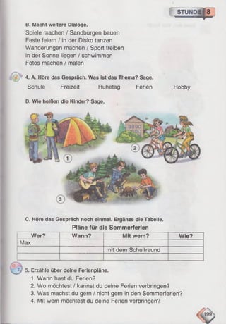 f STUNDE| 8
B. Macht weitere Dialoge.
Spiele machen / Sandburgen bauen
Feste feiern / in der Disko tanzen
Wanderungen machen / Sport treiben
in der Sonne liegen / schwimmen
Fotos machen / malen
4. A. Höre das Gespräch. Was ist das Thema? Sage.
Schule Freizeit Ruhetag Ferien Hobby
B. Wie heißen die Kinder? Sage.
C. Höre das Gespräch noch einmal. Ergänze die Tabelle.
Pläne für die Sommerferien
Wer? Wann? Mit wem? Wie?
Max
mit dem Schulfreund
/ 5. Erzähle über deine Ferienpläne.
1. Wann hast du Ferien?
2. Wo möchtest / kannst du deine Ferien verbringen?
3. Was machst du gern / nicht gern in den Sommerferien?
4. Mit wem möchtest du deine Ferien verbringen?
 