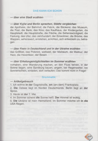 DAS KANN ICH SCHON
— über eine Stadt erzählen
— über Kyjiw und Berlin sprechen, Städte vergleichen
die Apotheke, der Bahnhof, die Fabrik, die Bäckerei, das Museum,
die Post, die Bank, das Kino, das Kaufhaus, der Kindergarten, die
Hauptstadt, die Hauptstraße, die Fläche, die Sehenswürdigkeit, die
Festung, das Ufer, das Jahrhundert, der Einwohner, die Brücke, das
Wappen, sehenswert, entstehen, errichten, sich entwickeln zu, betra­
gen
— über Feste in Deutschland und in der Ukraine erzählen
das Grillfest, das Picknick, weltweit, der Maibaum, die Maitour, der
Harz, die Hexenfeier, der Besen
— über Erholungsmöglichkeiten im Sommer erzählen
Vorhaben, eine Wanderung machen, an den Fluss fahren, in der
Sonne liegen, eine Sandburg bauen, angeln, bei Regenwetter, bei
Sonnenschein, einladen, sich verlaufen; Das kommt nicht in Frage!
Grammatik:
— Artikelgebrauch
1. Ich wohne in der Gogolstraße, am (an+dem) Frankoplatz.
2. Die Ostsee liegt im Norden Deutschlands. Berlin liegt an der
Spree.
3. Heute ist der 7. Mai.
4. Im Sommer scheint die Sonne heiß. Der Himmel ist wolkig.
5. Die Ukraine ist mein Heimatland. Im Sommer möchte ich in die
USA fliegen.
 