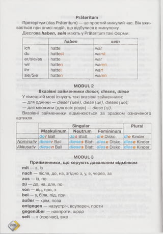 Präteritum
Претерітум (das Präteritum) — це простий минулий час. Він ужи­
вається при описі подій, що відбулися в минулому.
Дієслова haben, sein мають у Präteritum такі форми:
haben sein
ich hatte war
du hattest warst
er/sie/es hatte war
wir hatten waren
ihr hattet wart
sie/Sie hatten waren
MODUL 2
Вказівні займенники dieser, dieses, diese
У німецькій мові існують такі вказівні займенники:
— для однини — dieser (цей), diese (ця), dieses (це);
— для множини (для всіх родів) — diese (ці).
Вказівні займенники відмінюються за зразком означеного
артикля.
Singular Plural
Maskulinum Neutrum Femininum
der Ball Jas Blatt die Disko die Kinder
Nominativ r Bail . Blatt diese Disko Kinder
Akkusativ diesen Ball . Blatt diese Disko Kinder
MODULS
Прийменники, що керують давальним відмінком
mit — з, із
nach — після, до, на, згідно з, у, в, через, за
aus — із, по
zu — до, на, для, по
von — від, про, з
bei — у, біля, під, при
außer — крім, поза
entgegen — назустріч, всупереч, проти
gegenüber — навпроти, щодо
seit — з (про час), вже
 