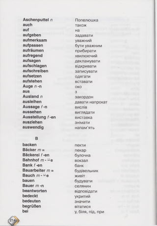 Aschenputtel n
auch
auf
aufgeben
aufmerksam
aufpassen
aufräumen
aufregend
aufsagen
aufschlagen
aufschreiben
aufsetzen
aufstehen
Auge n -n
aus
Ausland n
ausleihen
Aussage f -n
aussehen
Ausstellung f-en
ausziehen
auswendig
B
backen
Bäcker m =
Bäckerei f-en
Bahnhof m - -e
Bank f-en
Bauarbeiter m =
Bauch m - -e
bauen
Bauer m -n
beantworten
bedeckt
bedeuten
begrüßen
bei
Попелюшка
також
на
задавати
уважний
бути уважним
прибирати
хвилюючий
декламувати
відкривати
записувати
одягати
вставати
око
з
закордон
давати напрокат
вислів
виглядати
виставка
знімати
напам’ять
пекти
пекар
булочна
вокзал
банк
будівельник
живіт
будувати
селянин
відповідати
укритий
значити
вітатися
у, біля, під, при
 