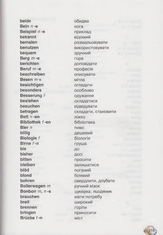 beide обидва
Bein n -e нога
Beispiel n -e приклад
bekannt відомий
bemalen розмальовувати
benutzen використовувати
bequem зручний
Berg m -e гора
berichten доповідати
Beruf m -e професія
beschreiben описувати
Besen m - мітла
besichtigen оглядати
besonders особливо
Besserung f одужання
bestehen складатися
besuchen відвідувати
betragen складати, становити
Bett n -en ліжко
Bibliothek f-en бібліотека
Bier n пиво
billig дешевий
Biologie f біологія
Birne f-n груша
bis до
bisher досі
bitten просити
bleiben залишатися
blöd поганий
blond білявий
bohren свердлити, длубати
Bollerwagen m ручний візок
Bonbon rn, n -s цукерка, льодяник
brauchen мати потребу
breit широкий
brennen горіти
bringen приносити
Brücke f-n міст
 