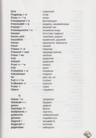 flink
Flugzeug n -e
Fluss rn-~e
Fotoapparat f-e
Fotomodell n -e
Freizeit f
Fremdsprache f-n
fressen
freuen sich
freundlich
frieren
frisch
Friseur m -e
Friseurin f-nen
Frisur f-en
froh
fröhlich
Frost m - -e
früh
Frühstück n -e
frühstücken
für
Fuß m m-e
Fußboden m
Futter n
füttern
G
Gasse f-n
Gebäude n =
geben
Gebrüder Pi
Gedächtnis n
gefährlich
gefallen
Gegend f
Gegenteil n
gegenüber
спритний
літак
річка
фотоапарат
модель, манекенниця
вільний час
іноземна мова
їсти (про тварин)
тішитися, радіти
привітний, дружній
морозити, мерзнути
свіжий
перукар
перукар (жінка)
зачіска
радісний
радісний
мороз
рано
сніданок
снідати
для, за, на
ступня
підлога
корм
годувати
провулок
будівля
давати
брати
пам’ять
небезпечний
подобатися
місцевість
антонім
навпроти
 