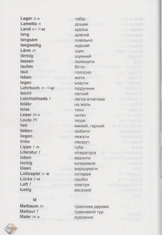 Lager n =
Lametta n
Land n- - er
lang
langsam
langweilig
Lärm m
lärmig
lassen
laufen
laut
leben
legen
Lehrbuch n- - er
leicht
Leichtathletik f
leider
leise
Leser m. -
Leute PI
lieb
lieben
liegen
links
Lippe f-n
Literatur f
loben
lockig
lösen
Lottospie! n -e
Lücke f-n
Luft f
lustig
M
Maibaum m
Maitour f
Maler m -
табір
дощик
країна
довгий
повільно
нудний
шум
шумний
залишати
бігти
голосно
жити
класти
підручник
легкий
легка атлетика
на жаль
тихо
читач
люди
милий, гарний
любити
лежати
ліворуч
губа
література
хвалити
кучерявий
вирішувати
лотерея
пробіл
повітря
веселий
травневе дерево
травневий тур
художник
 