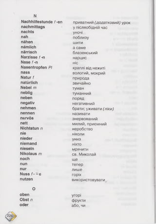 N
Nachhilfestunde f-en приватний (додатковий) урок
nachmittags у післяобідній час
nachts уночі
nah поблизу
nähen шити
nämlich а саме
närrisch блазенський
Narzisse f -n нарцис
Nase f-n ніс
Nasentropfen PI краплі від нежиті
nass вологий, мокрий
Natur f природа
natürlich звичайно
Nebel m туман
neblig туманний
neben поряд
negativ негативний
nehmen брати; уживати (ліки)
nennen називати
nervös знервований
nett милий, приємний
Nichtstun n неробство
nie ніколи
nieder униз
niemand ніхто
nieseln мрячити
Nikolaus m св. Миколай
noch ще
nun тепер
nur лише
Nuss f- -e горіх
nutzen використовувати,.
0
oben угорі
Obst n фрукти
oder або, чи
 