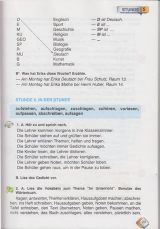 D ist Deutsch.
E is t...
SP ist ...
M ist...
B*. Was hat Erika diese Woche? Erzähle.
— Am Montag hat Erika Deutsch bei Frau Schulz, Raum 13.
— Am Montag hat Erika Mathe bei Herrn Huber, Raum 14.
STUNDE 5. IN DER STUNDE
aufstehen, aufschlagen, zuschlagen, zuhören, vorlesen,
aufpassen, abschreiben, aufsagen
1. A. Hör zu und sprich nach.
Die Lehrer kommen morgens in ihre Klassenzimmer.
Die Schüler stehen auf und grüßen sie immer.
Die Lehrer erklären Themen, helfen und fragen.
Die Schüler möchten immer Gedichte aufsagen.
Die Kinder lesen, die Lehrer diktieren.
Die Schüler schreiben, die Lehrer korrigieren.
Die Lehrer geben Noten, möchten Schüler loben.
Die Schüler gehen raus, um in der Pause zu toben.
B. Lies das Gedicht vor.
2. A. Lies die Vokabeln zum Thema ” lm Unterricht“ . Benutze das
Wörterbuch.
fragen, antworten, Themen erklären, Hausaufgaben machen, abschrei­
ben, ins Heft schreiben, Hausaufgaben geben, Noten bekommen, an die
Tafel schreiben, den Text übersetzen, Noten geben, Pausen machen,
nicht verstehen, das Buch zuschlagen, alles verstehen, pünktlich sein,
D x Englisch
E  Sport
M  Geschichte
KU  Religion
GEO  Musik
SP  Biologie
R  Geografie
MU Deutsch
B Kunst
G Mathematik
 