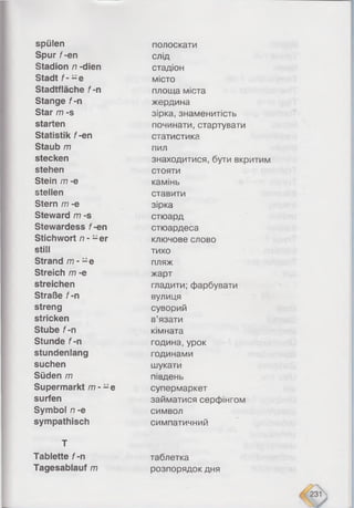 spülen
Spur f-en
Stadion n -dien
Stadt f- -e
Stadtfläche f-n
Stange f-n
Star m -s
starten
Statistik f-en
Staub m
stecken
stehen
Stein /77 -e
stellen
Stern m -e
Steward /77 -s
Stewardess f-en
Stichwort n - - er
still
Strand m - - e
Streich m -e
streichen
Straße f-n
streng
stricken
Stube f-n
Stunde f-n
stundenlang
suchen
Süden /77
Supermarkt m - - e
surfen
Symbol /7-e
sympathisch
T
Tablette f-n
Tagesablauf m
полоскати
слід
стадіон
місто
площа міста
жердина
зірка, знаменитість
починати,стартувати
статистика
пил
знаходитися, бути вкритим
стояти
камінь
ставити
зірка
стюард
стюардеса
ключове слово
тихо
пляж
жарт
гладити; фарбувати
вулиця
суворий
в’язати
кімната
година, урок
годинами
шукати
південь
супермаркет
займатися серфінгом
символ
симпатичний
таблетка
розпорядок дня
 