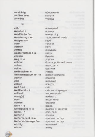 vorsichtig
vorüber sein
vorwärts
W
wahr
Wahrheit f
Waidfläche f -n
Wanderung f-en
Wappen n =
warm
wärmen
warten
Wassermelone f-n
wecken
Weg m -e
weh tun
wehen
weihen
Weihnachten n
Weihnachtsbaum m- ~e
weinen
weit
welken
Welt f-en
Weltliteratur f
weltweit
wenig(e)
wenn
werden
Werk n -e
Wettbewerb m -e
Wette f-n
Wetter n
Wetterbericht m -e
Wettervorhersage f-n
wichtig
wieder
обережний
минути
уперед
правдивий
правда
площа лісу
туристичний похід
герб
теплий
гріти
очікувати
кавун
будити
дорога
боліти, робити боляче
віяти, дути
святити
Різдво
різдвяна ялинка
плакати
широкий
в’янути
світ
світова література
у всьому світі
небагато
якщо, коли
ставати
завод
змагання, конкурс
спір, парі
погода
прогноз погоди
прогноз погоди
важливий
знову
 