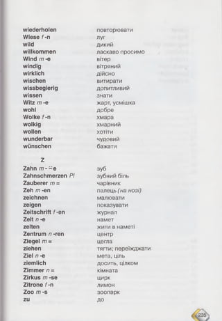 wiederholen
Wiese f-n
wild
willkommen
Wind m -e
windig
wirklich
wischen
wissbegierig
wissen
Witz m -e
wohl
Wolke f-n
wolkig
wollen
wunderbar
wünschen
Z
Zahn m - - e
Zahnschmerzen PI
Zauberer m =
Zeh m -en
zeichnen
zeigen
Zeitschrift f-en
Zelt n -e
zelten
Zentrum n -ren
Ziegel m =
ziehen
Ziel n -e
ziemlich
Zimmer n =
Zirkus /77 -se
Zitrone f-n
Zoo /77 “S
zu
повторювати
луг
дикий
ласкаво просимо
вітер
вітряний
дійсно
витирати
допитливий
знати
жарт, усмішка
добре
хмара
хмарний
хотіти
чудовий
бажати
зуб
зубний біль
чарівник
палець (на нозі)
малювати
показувати
журнал
намет
жити в наметі
центр
цегла
тягти; переїжджати
мета, ціль
досить, цілком
кімната
цирк
лимон
зоопарк
до
 
