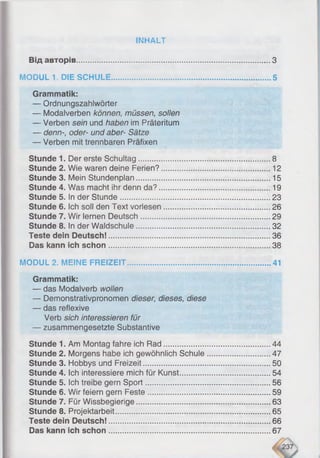 INHALT
Від авторів З
MODUL 1. DIE SCHULE 5
Grammatik:
— Ordnungszahlwörter
— Modalverben können, müssen, sollen
— Verben sein und haben im Präteritum
— denn-, oder- und aber- Sätze
— Verben mit trennbaren Präfixen
Stunde 1. Der erste Schultag...........................................................8
Stunde 2. Wie waren deine Ferien?.................................................12
Stunde 3. Mein Stundenplan............................................................15
Stunde 4. Was macht ihr denn da?..................................................19
Stunde 5. In der Stunde...................................................................23
Stunde 6. Ich soll den Text vorlesen................................................26
Stunde 7. Wir lernen Deutsch..........................................................29
Stunde 8. In der Waldschule............................................................32
Teste dein Deutsch!........................................................................36
Das kann ich schon........................................................................38
MODUL 2. MEINE FREIZEIT................................................................41
Grammatik:
— das Modalverb wollen
— Demonstrativpronomen dieser, dieses, diese
— das reflexive
Verb sich interessieren für
— zusammengesetzte Substantive
Stunde 1. Am Montag fahre ich Rad..............................................44
Stunde 2. Morgens habe ich gewöhnlich Schule............................ 47
Stunde 3. Hobbys und Freizeit.........................................................50
Stunde 4. Ich interessiere mich für Kunst........................................ 54
Stunde 5. Ich treibe gern Sport........................................................56
Stunde 6. Wir feiern gern Feste.......................................................59
Stunde 7. Für Wissbegierige......................................... 63
Stunde 8. Projektarbeit.....................................................................65
Teste dein Deutsch!........................................................................66
Das kann ich schon........................................................................67
Л
 