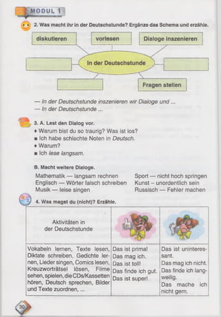 diskutieren Dialoge inszenieren
m m u L 1
• • 2. Was macht ihr in der Deutschstunde? Ergänze das Schema und erzähle.
Fragen stellen
— In der Deutschstunde inszenieren wir Dialoge und...
— in der Deutschstunde ...
3. A. Lest den Dialog vor.
♦Warum bist du so traurig? Was ist los?
■ Ich habe schlechte Noten in Deutsch.
♦Warum?
■ Ich lese langsam.
B. Macht weitere Dialoge.
Mathematik — langsam rechnen Sport — nicht hoch springen
Englisch — Wörter falsch schreiben Kunst - unordentlich sein
Musik — leise singen Russisch — Fehler machen
-) 4. Was magst du (nicht)? Erzähle.
Aktivitäten in
der Deutschstunde
Vokabeln lernen, Texte lesen,
Diktate schreiben, Gedichte ler­
nen, Lieder singen, Comics lesen,
Kreuzworträtsel lösen, Filme
sehen, spielen, dieCDs/Kassetten
hören, Deutsch sprechen, Bilder
und Texte zuordnen,...
Das ist prima!
Das mag ich.
Das ist toll!
Das finde ich gut.
Das ist super!
Das ist uninteres­
sant.
Das mag ich nicht.
Das finde ich lang­
weilig.
Das mache ich
nicht gern.
 