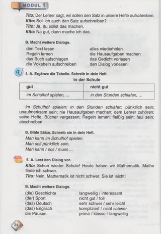 Tito: Der Lehrer sagt, wir sollen den Satz in unsere Hefte aufschreiben.
Kito: Soll ich auch den Satz aufschreiben?
Tito: Ja, du sollst das machen.
Kito: Na gut, dann mache ich das.
B. Macht weitere Dialoge.
den Text lesen
Regeln lernen
das Buch aufschlagen
die Vokabeln aufschreiben
alles wiederholen
die Hausaufgaben machen
das Gedicht vorlesen
den Dialog vorlesen
4. A. Ergänze die Tabelle. Schreib in dein Heft.
In der Schule
gut nicht gut
im Schulhof spielen, ... in den Stunden schlafen, ...
im Schulhof spielen; in den Stunden schlafen; pünktlich sein;
unaufmerksam sein; nie Hausaufgaben machen; dem Lehrer zuhören;
seine Hefte, Bücher vergessen; Regeln lernen; fleißig sein; faul sein;
abschreiben
B. Bilde Sätze. Schreib sie in dein Heft.
Man kann im Schulhof spielen.
Man soll pünktlich sein.
Man kann / soll/ muss ...
-L 5. A. Lest den Dialog vor.
Kito: Schon wieder Schule! Heute haben wir Mathematik. Mathe
finde ich schwer.
Tito: Nein, Mathematik ist nicht schwer. Sie ist leicht!
B. Macht weitere Dialoge.
(die) Geschichte
(der) Sport
(das) Deutsch
(das) Englisch
die Pausen
langweilig / interessant
nicht gut / toll
sehr schwer / sehr leicht
kompliziert / nicht schwer
prima / klasse / langweilig
 